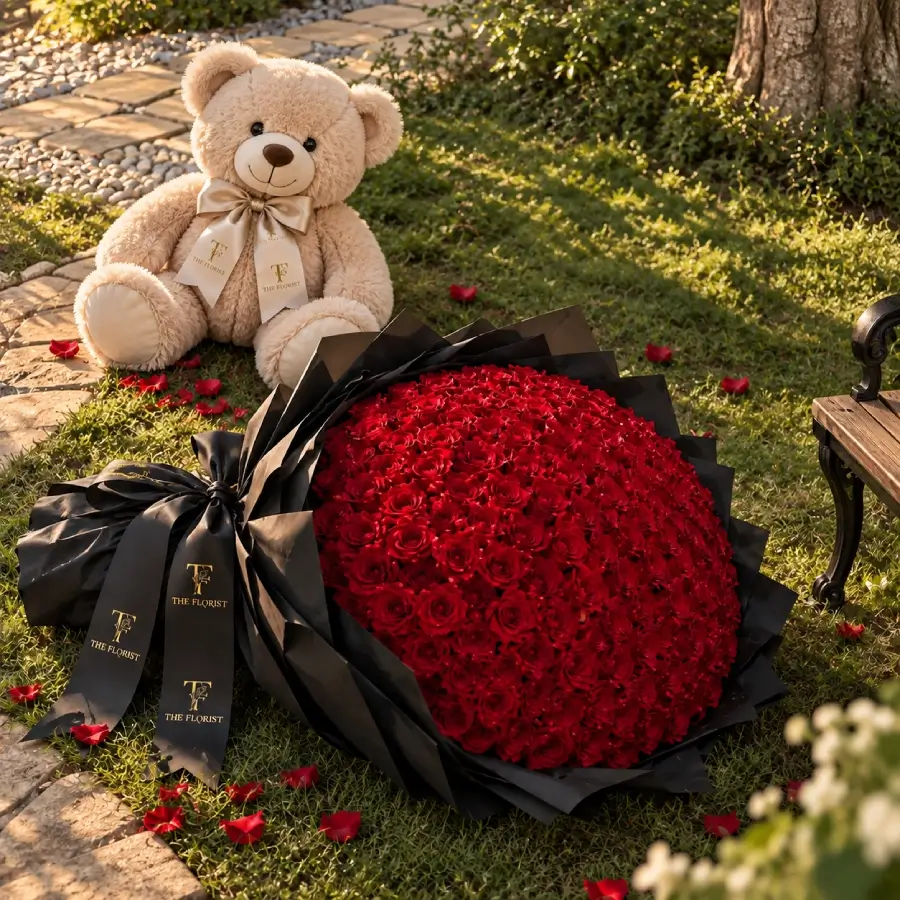 Red Rose with Teddy Bear /100 flowers
